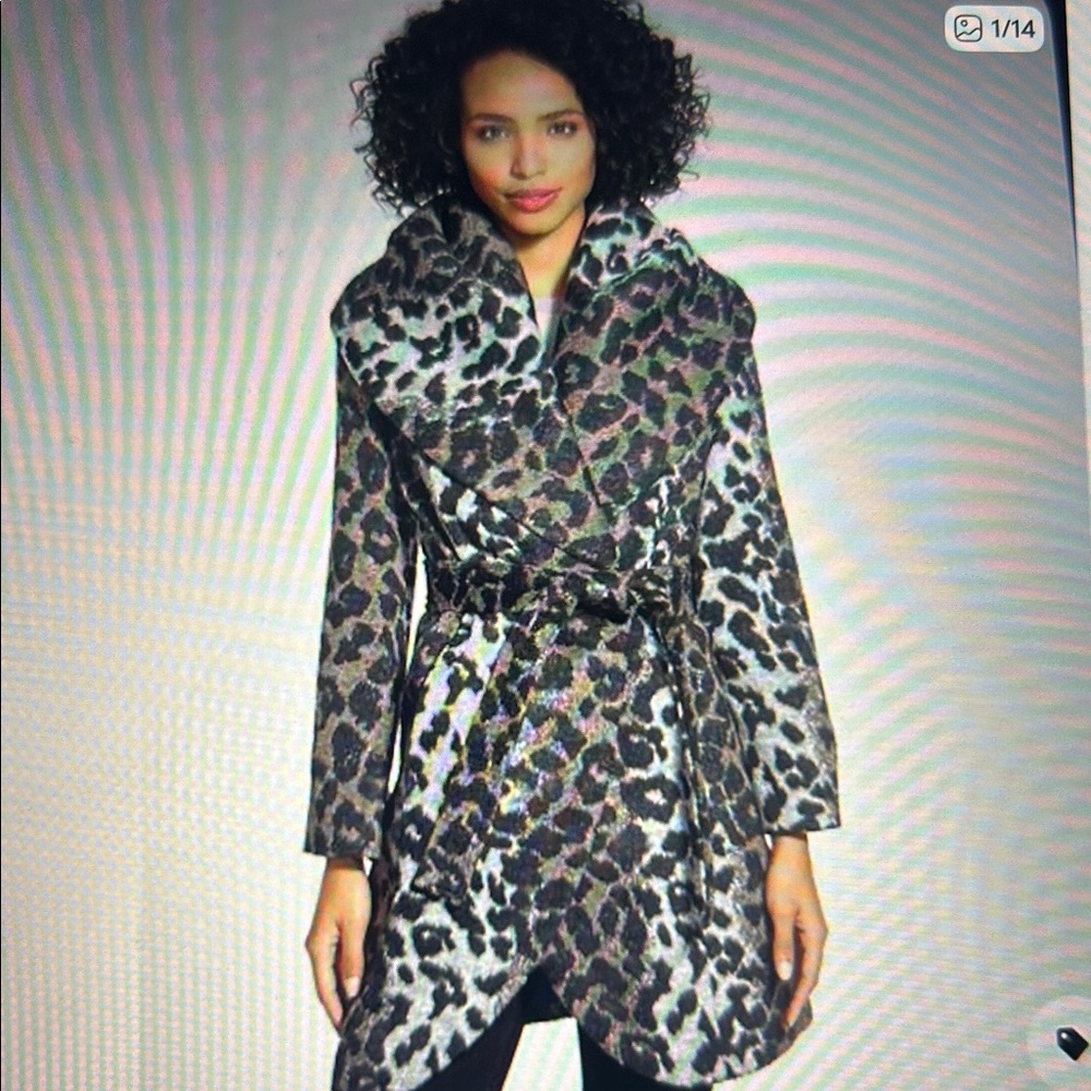 Tahari Leopard Print Wool Blend Shawl Collar Wrap Coat, Small